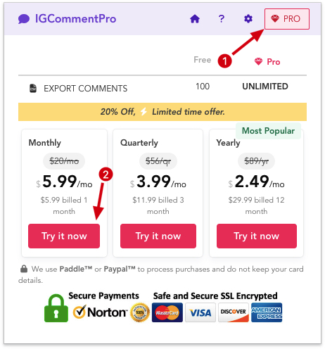 IGCommentExport chrome extension subscribe pro